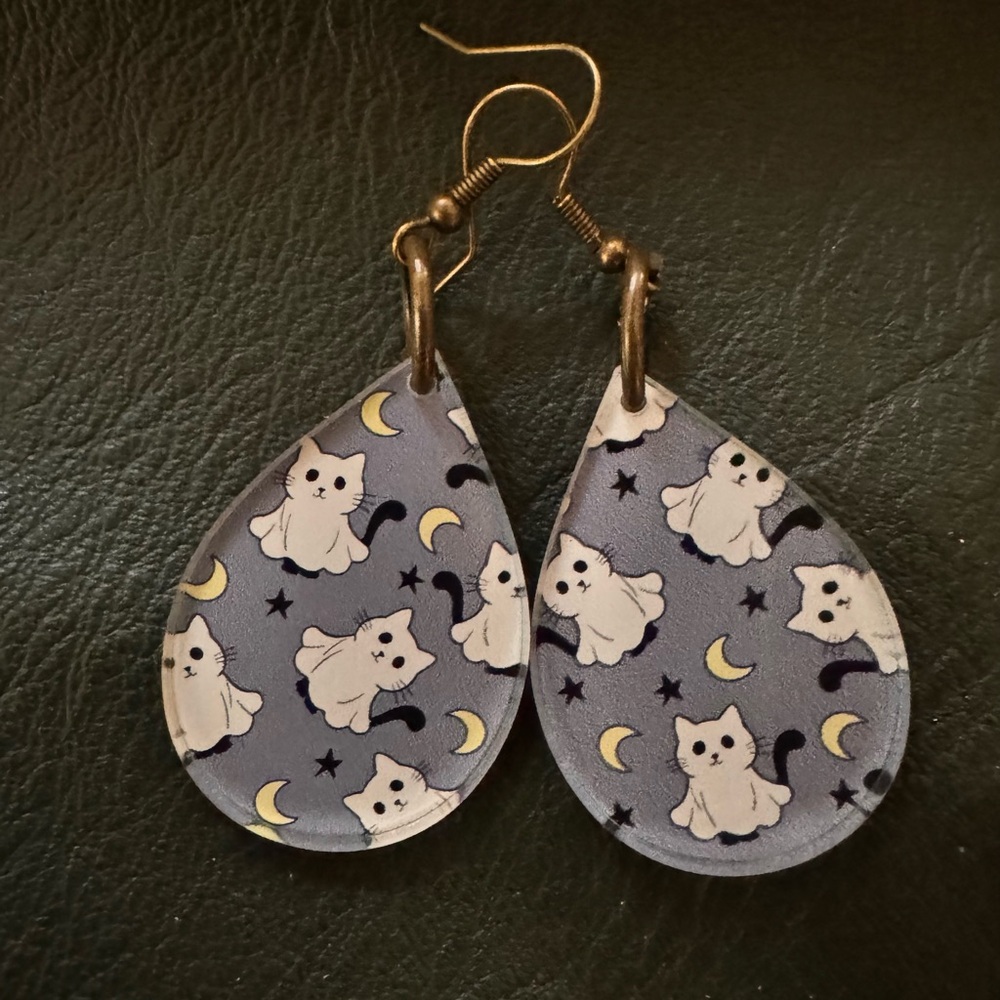 Cat and Moon Teardrop Earrings